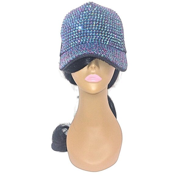 CRYSTAL EMBELLISHED BASEBALL CAP HAT W/ BLUE & PURPLE IRIDESCENT CRYSTALS - NWOT - Picture 2 of 5